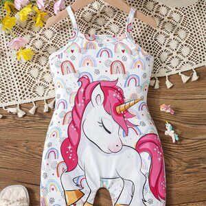 Unicorn Graphic Cami Romper For Girls, Stylish Summer Versatile Suit Outfit